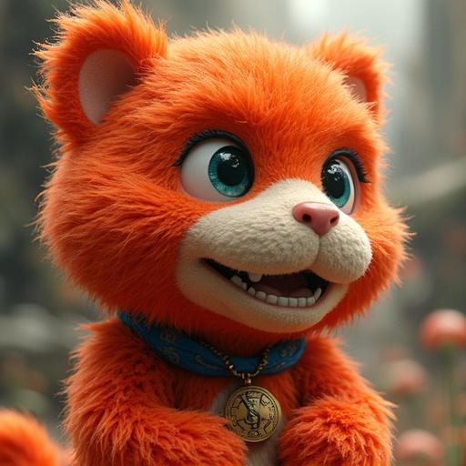 Furry character with orange fur. Big expressive eyes and cheerful smile. Cute character holds a medal. Blurry colorful background. Warm and bright atmosphere. Child-friendly illustration in anime style.