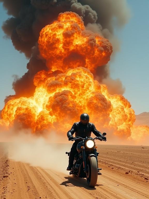 A biker in black armor speeds through a desert on a steampunk motorcycle. Behind him is a massive explosion with orange flames and black smoke. The sky is bright blue. The biker wears a helmet and rides fast with dust trailing.
