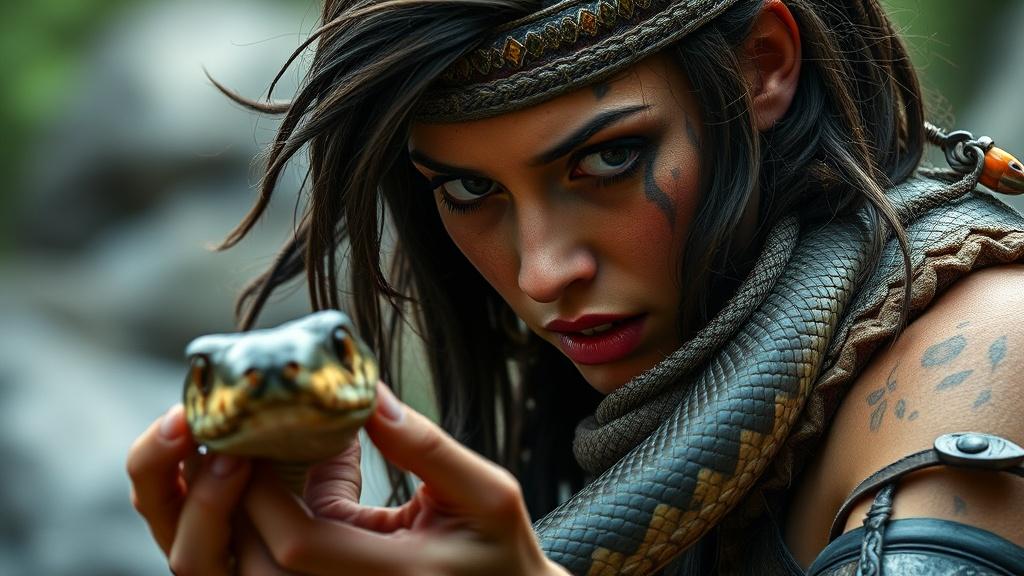 This intense portrait features a figure adorned with tribal tattoos and earthy accessories, closely interacting with a snake coiled around her. Her compelling gaze and the snake’s poised head are the centerpiece, capturing a moment of mutual understanding and mystery. The background is softly blurred, keeping the focus on the subject and her serpentine companion.