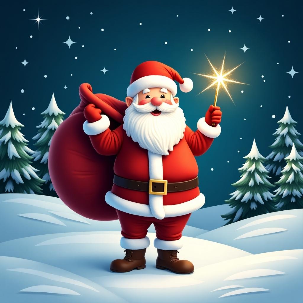 The image features a cheerful Santa Claus standing in a snowy landscape. He has a large red sack slung over his shoulder and is holding a sparkly wand. Santa is dressed in his traditional red and white outfit, complete with a belt and boots. Behind him, the night sky is illuminated with twinkling stars. Pine trees dot the snowy ground, encapsulating a festive winter atmosphere.