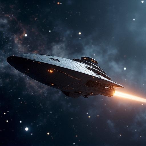 Image of a galactic freighter from the right side view with glowing engine trails in space