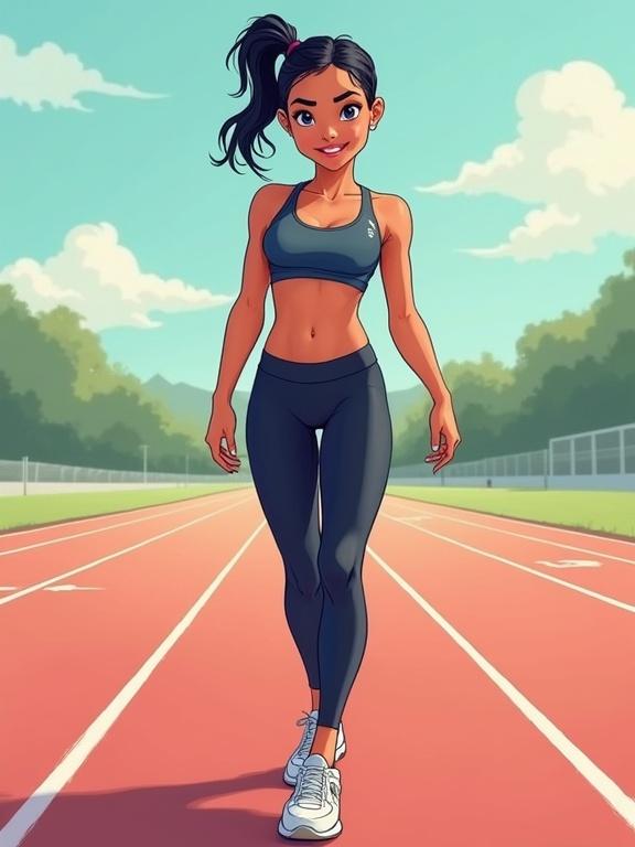 Full body portrait of a teenage athletic girl with tanned skin and black pixie hair. She wears a sports bra and leggings with oversized sneakers. She is walking on a track field under soft lighting and clear skies. The illustration features smooth lines and a comic book style.