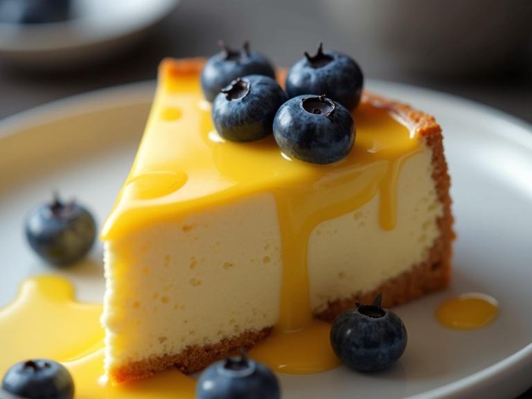 A slice of cheesecake with a glossy yellow lemon topping drizzled on top. Fresh blueberries scattered around the cheesecake. The crust is golden brown and firm. The cheesecake is creamy and smooth in texture. The setting is clean and minimalistic with soft natural light enhancing the details.