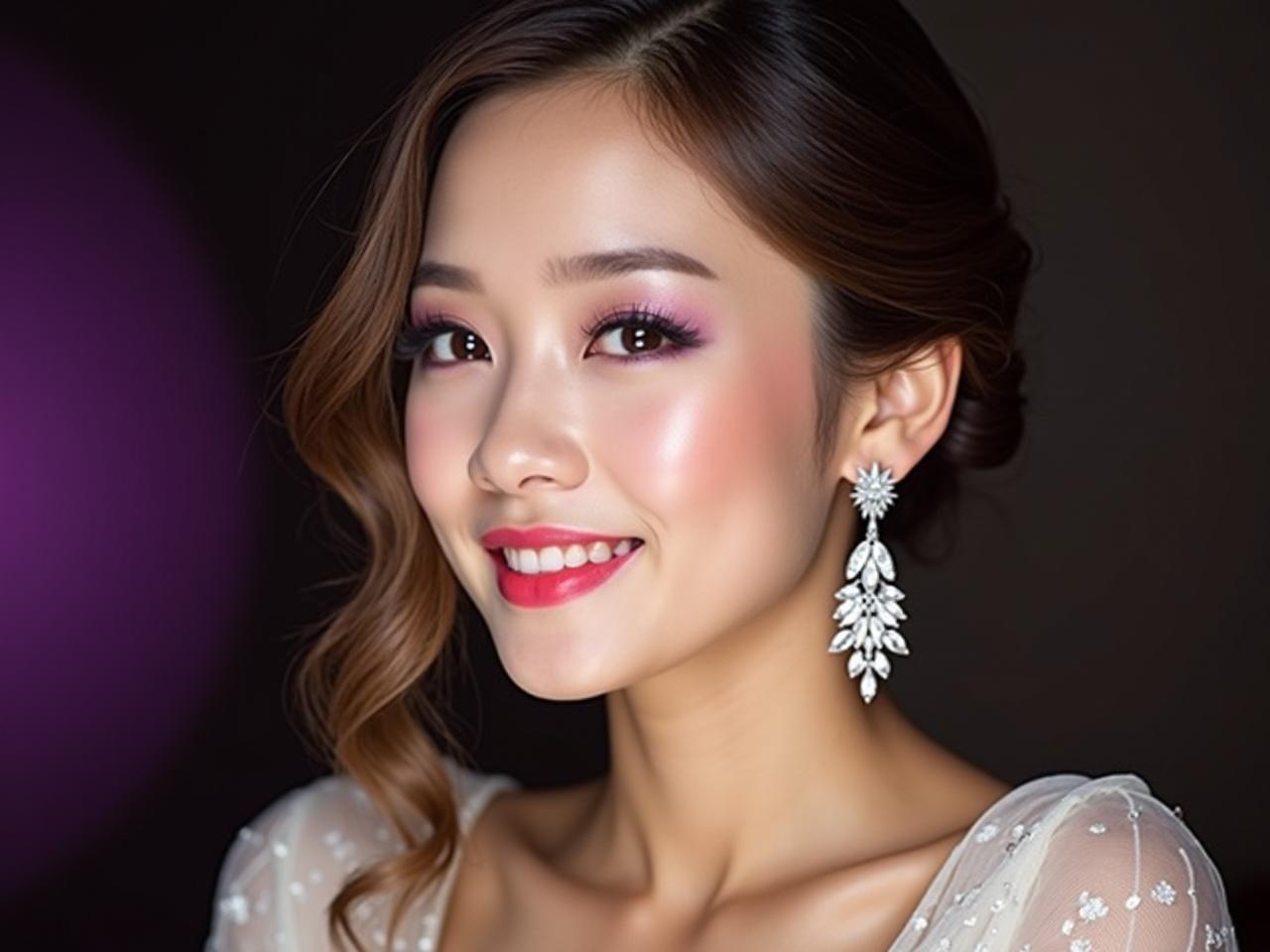 Close-up portrait of a young Asian woman with light brown hair, styled with soft waves cascading over her shoulders. She wears glamorous, sparkling diamond earrings that catch the light beautifully. Her makeup is striking, featuring light purple and silver eyeshadow, creating an alluring smoky effect around her eyes, along with a bright pink lipstick that enhances her smile. Her expression is serene and subtly captivating, with a gentle smile. The lighting is soft and diffused, perfectly highlighting her flawless skin and the shimmer of her makeup and jewelry. The background showcases a blend of dark purple and lighter shades, adding depth to the image. The overall impression exudes elegance and beauty.