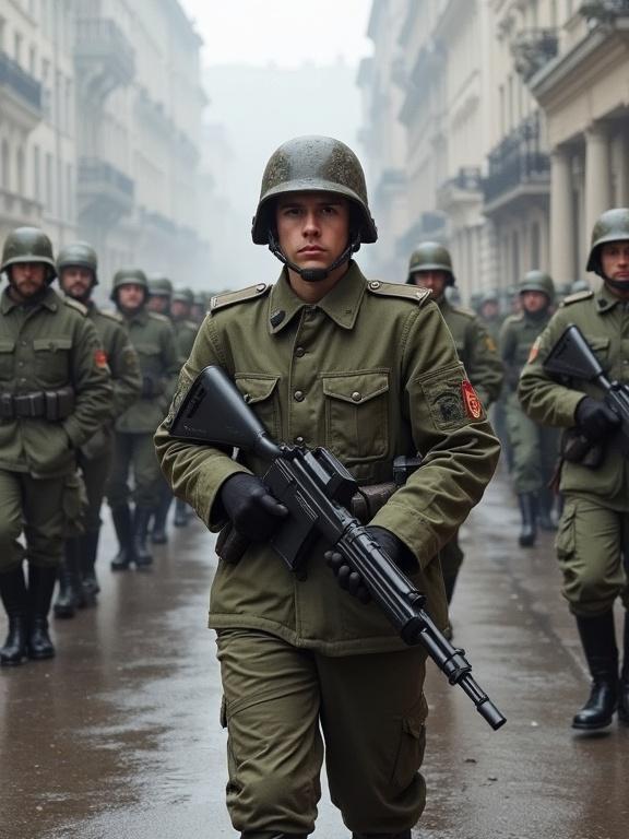 Image of Soviet army soldiers in uniform walking in a line. Soldiers are in olive green uniforms with rifles. Set in a misty environment with a somber atmosphere.