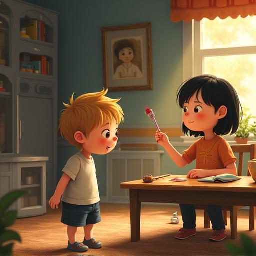 Ghibli-style image featuring a big brother and little sister. Brother is inviting sister to visit their uncle. Cozy indoor setting with colorful decor. Children engaged in conversation.