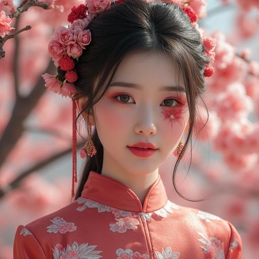Stunning photography showcasing a woman in traditional Chinese attire amid blooming flowers. She wears an eyepatch as a unique fashion accessory.