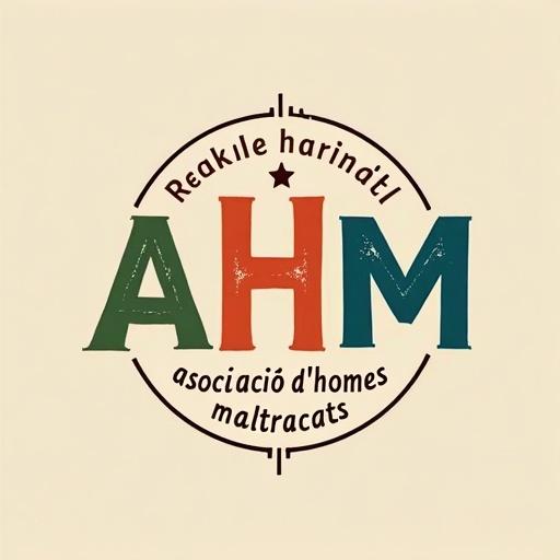 Vintage colorful logo featuring the initials AHM and the phrase associació d'homes maltractats. Simple, bold design with a focus on community support.