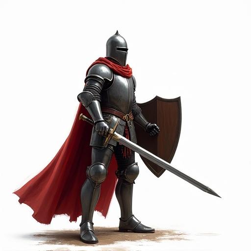 Knight stands ready for battle. Sword and shield held firm. Pixel art style with transparent background.