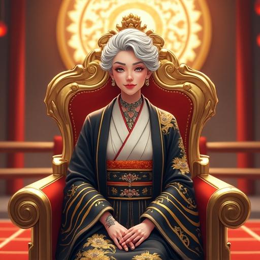 Anime setting in 2065. Summer inside a modern luxurious Kanji kingdom throne room. Morning with hi-tech elements. Focus on an 80-year-old woman with short grey hair and frosted blue eyes. She smiles while sitting on a golden lotus throne, wearing a royal kimono with colorful tattoos.