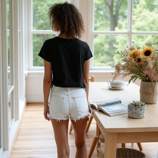 A woman stands facing away from the camera in a sunroom. She wears a black T-shirt and white frayed shorts. Blue and white tie-dyed socks are visible. An open book is on the wooden table. A white ceramic cup is next to it. A small potted plant is present. A rustic vase holds a bouquet of dried flowers including sunflowers. Large windows allow for natural light and display outdoor greenery.
