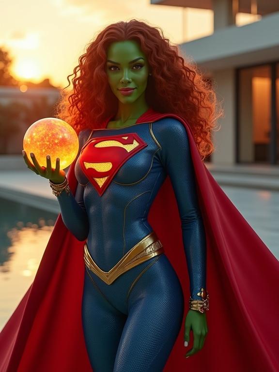 Hyper-realistic depiction of a superhero character with green skin and long curly auburn hair. Wearing a skintight blue suit with a red cape. Emblem on chest resembles Superman's. Holding glowing orange sphere in one hand. Set against a luxurious mansion during sunset. Soft light highlights hair. Detailed shadows and reflections. Empowering stance.