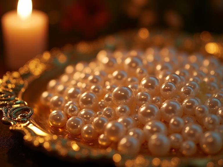 Intimate closeup on golden platter filled with iridescent pearls glowing in candlelight. Rococo fantasy ambiance.