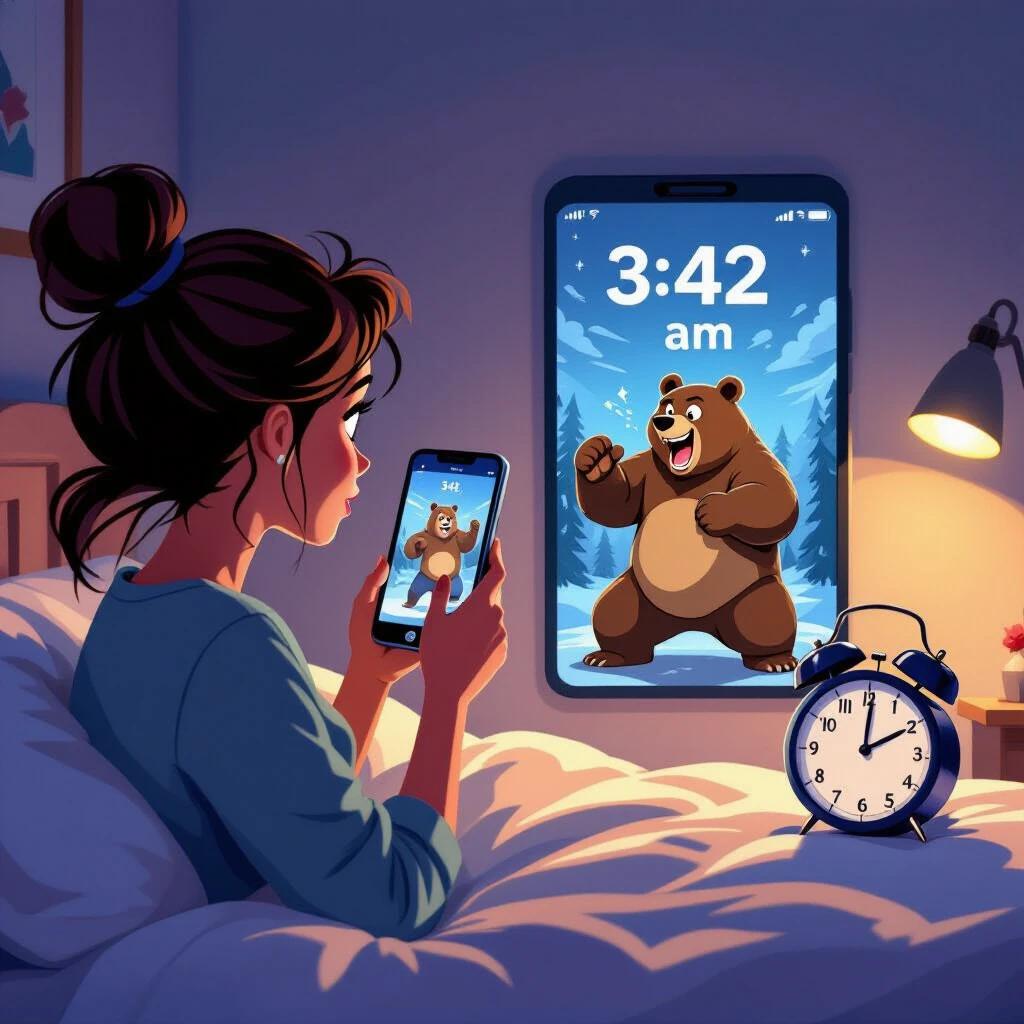 A woman sits on a bed holding her cell phone showing a funny bear fighting Karate. A bedside clock displays 3:42 am. The setting has a Disney Pixar style.