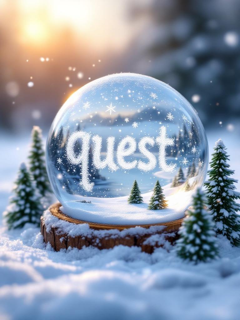 A magical snow globe. The word 'quest' formed from snowflakes. Tiny evergreen trees are covered in snow. There is a frozen lake. Snowflakes swirl around. A warm glow is seen from the setting sun.