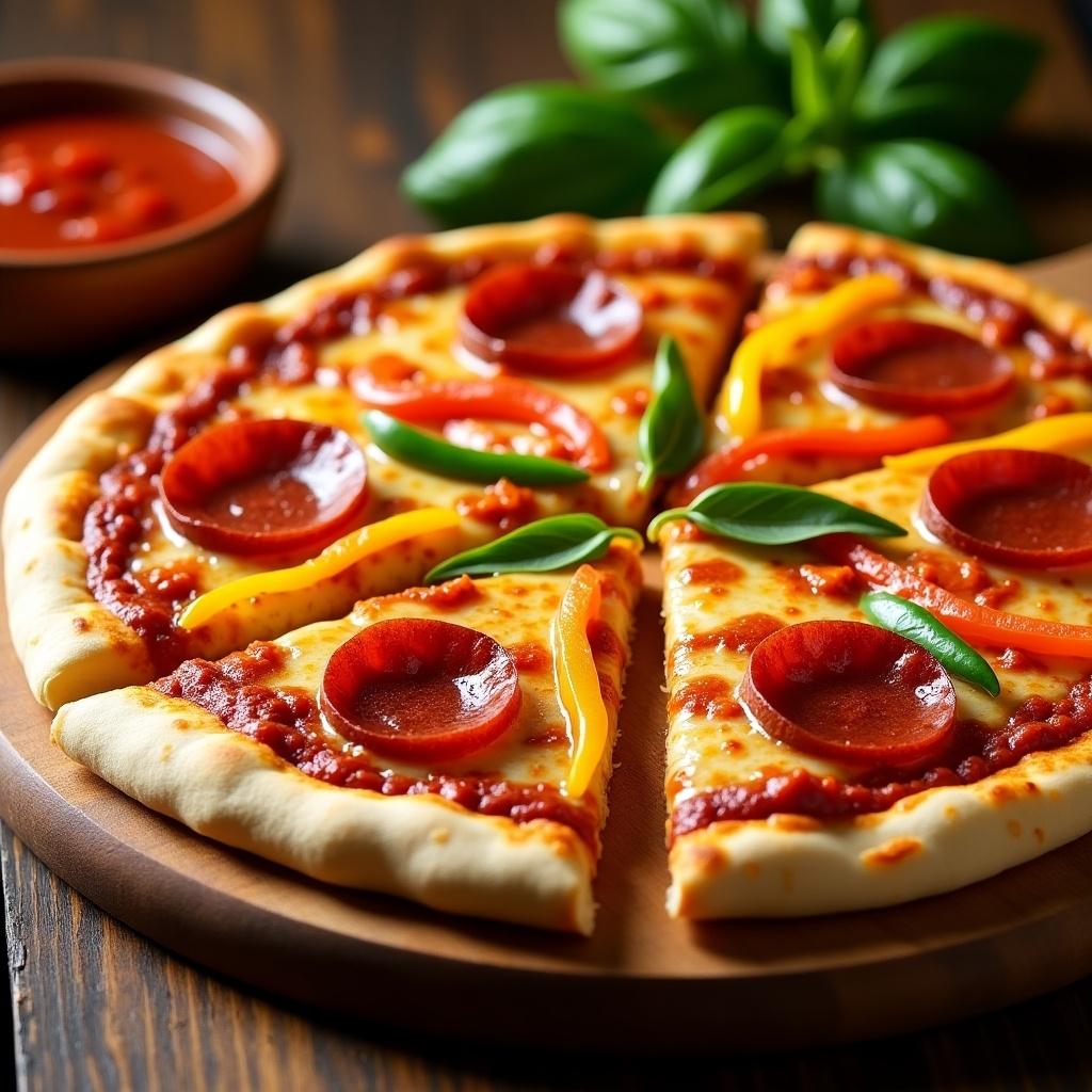 This image showcases a delicious Classic Tails Pizza, elegantly sliced and presented on a wooden board. The pizza features a generous layer of tomato sauce, melty cheese, and is topped with pepperoni and colorful bell peppers. Fresh basil leaves are sprinkled on top, adding a nice touch of greenery. A small bowl of marinara sauce is placed beside the pizza, enhancing the visual appeal. The warm lighting creates a cozy atmosphere, perfect for a casual dining setting.