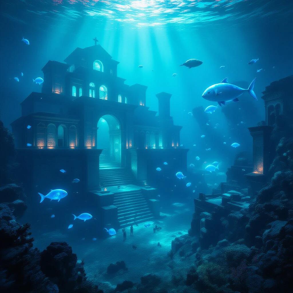 Underwater city of Atlantis featuring bioluminescent creatures illuminating the ruins. Hyper-realistic cinematic imagery with 8K resolution.