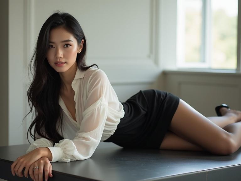 A graceful East Asian woman reclines on a table. She wears a sheer white blouse and a black mini skirt. Black pantyhose and glossy heels complete her outfit. Long black hair flows down elegantly. The background features a modern softly lit space.