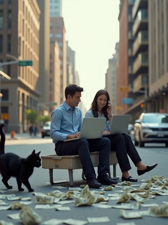 Realistic urban street scene. Two parents focused on laptops in business attire. Soft daylight illuminates the surroundings. Scattered crumpled money lies on the ground. Tall buildings and parked cars frame the scene. A black cat crosses the street nearby.
