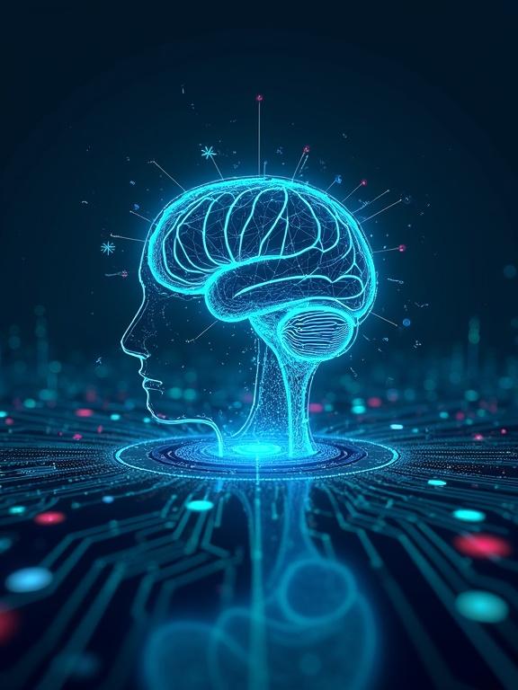 Create a visually striking cover image for a PDF designed to attract digital marketers. Feature a futuristic tech-inspired aesthetic with deep blue and neon accents. Include a central graphic of a glowing AI brain to symbolize machine learning and analytics. Add circuit patterns and holographic effects for an AI theme while keeping a professional appearance.