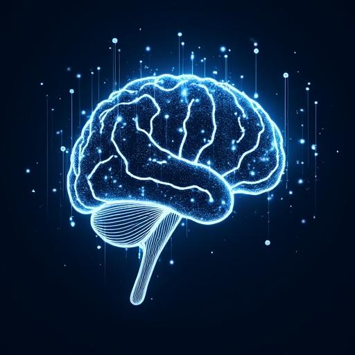 Abstract image of a brain with glowing circuit patterns and nodes. Represents machine learning and AI. Dark blue digital background.