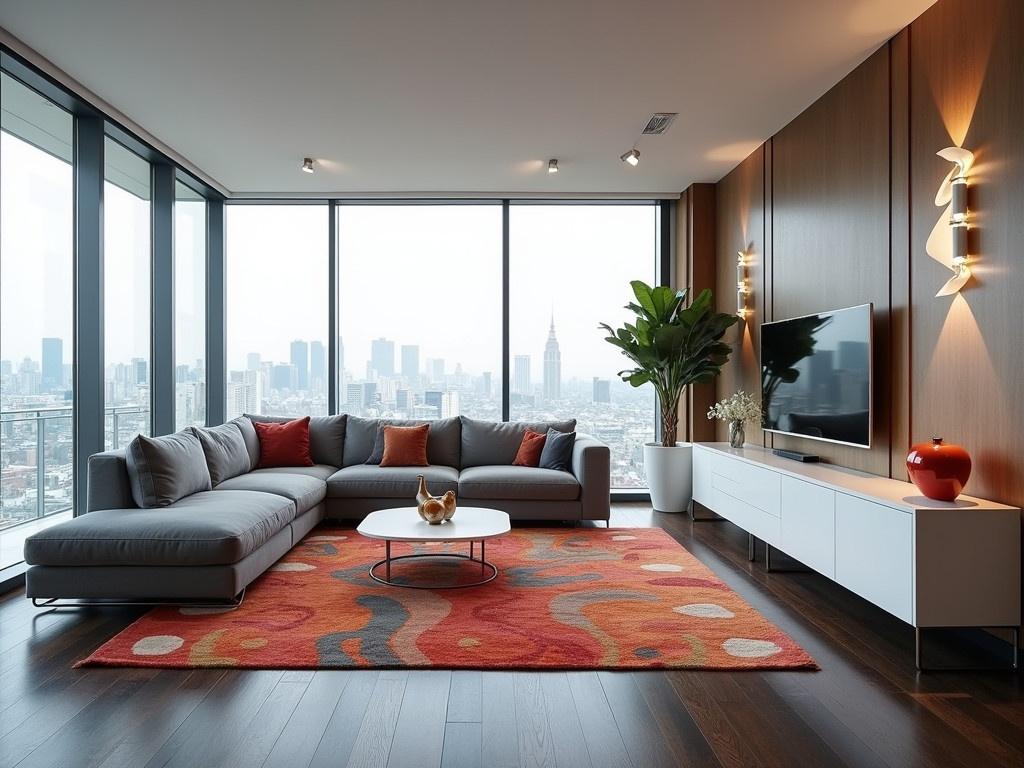 The image showcases a modern and elegantly designed living room. The large glass windows provide a panoramic view of a city skyline, filling the space with natural light. A minimalist gray couch sits invitingly in front of a sleek white coffee table. The floor features dark wooden panels, which contrast beautifully with the vibrant, patterned area rug. Sleek furniture, such as the white credenza and unique light fixtures, adds to the contemporary feel of the space. Soft textures and geometric patterns enhance the aesthetic, creating a warm yet sophisticated atmosphere.