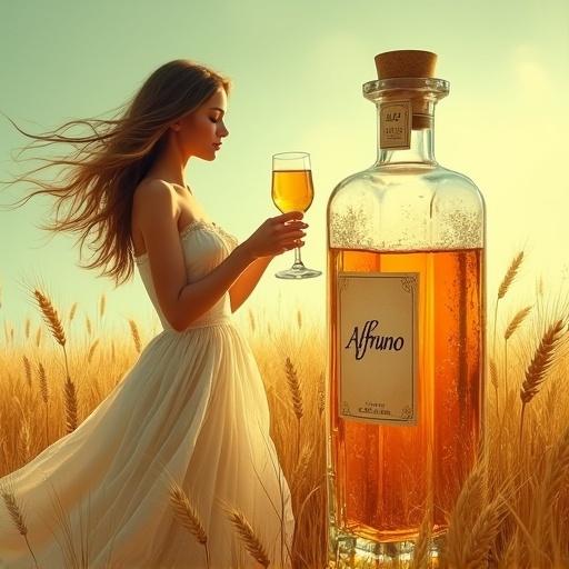 Modern representation of a Venus goddess in a golden barley field. Woman in her thirties holding an apothecary-style bottle. Gentle wind blowing through the barley. Ethereal light bathes the scene. The bottle glows softly with the name 'ALFRUNO' displayed elegantly.