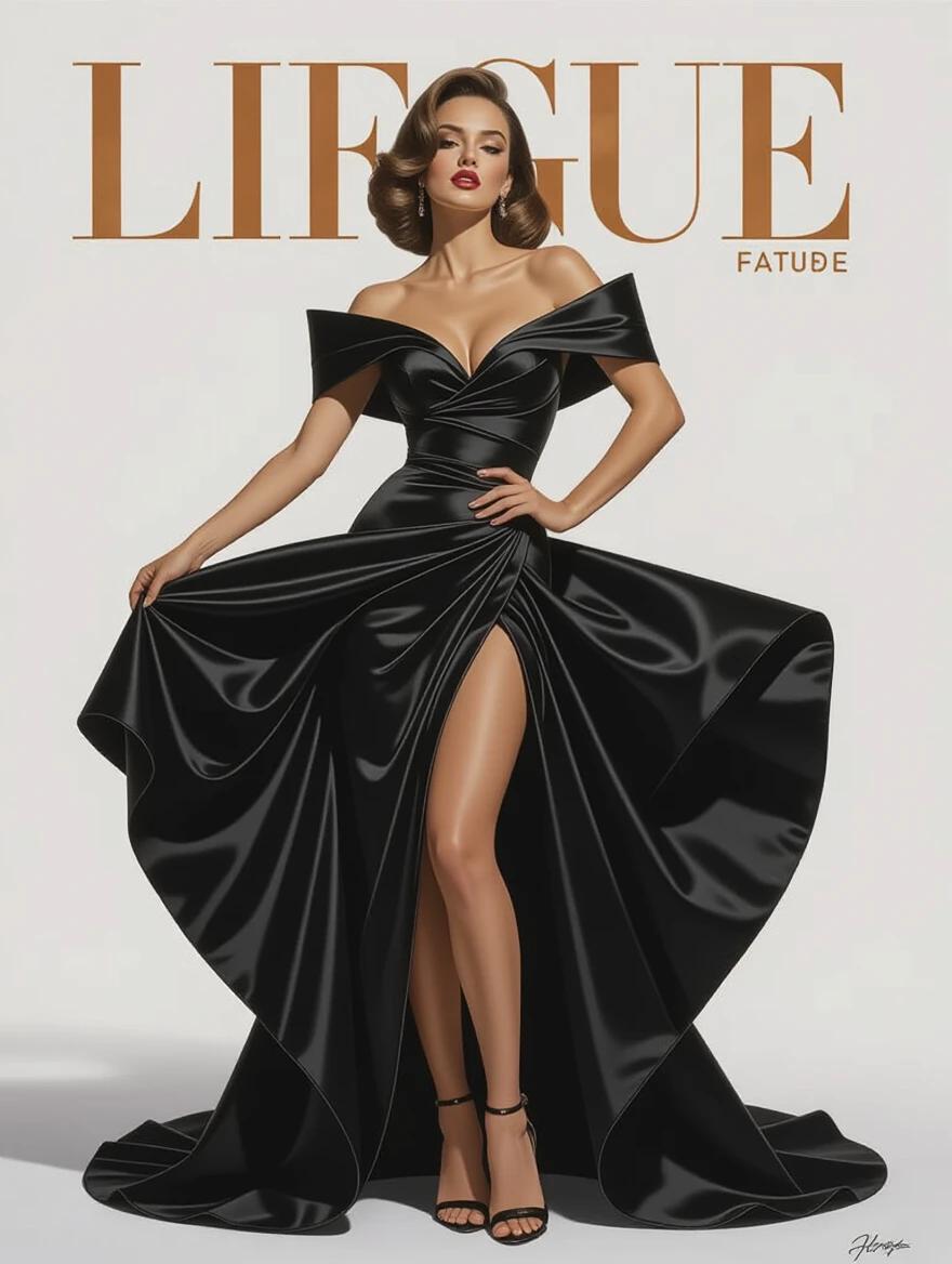 Create an ultra-realistic full figure portrait of a beautiful female model in haute couture. The model looks beyond the viewer with a sultry gaze. She wears a sensual black gown with a dramatic silhouette. Focus on anatomical precision in facial features and body. Play with light and shadow to enhance depth. The expression should blend confidence and vulnerability, amplifying her elegance and sensuality.