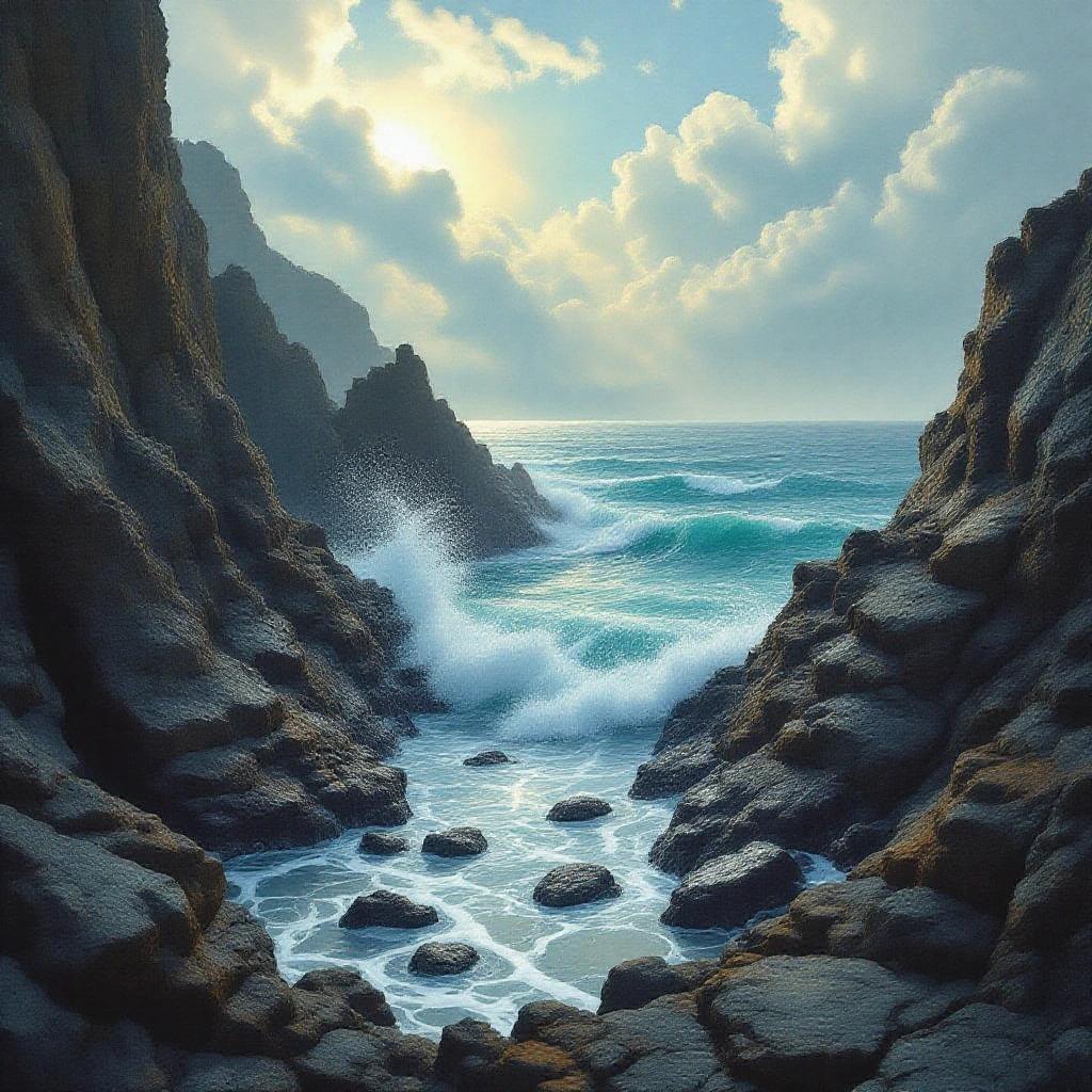 Dark fantasy watercolor landscape of rocky cliff sea shore with narrow passage. Red water waves splash over rocks. Cinematic lighting. Dungeons and Dragons theme.