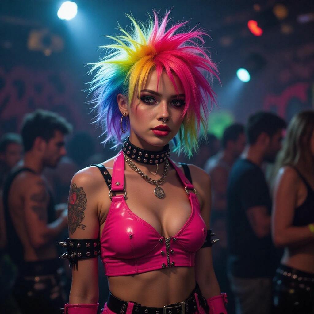 Photo of an 18-year-old punk girl with spiked rainbow-colored hair wearing a pink dominatrix outfit at a rave party, full body.