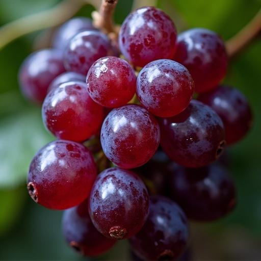 Close-up of a bunch of shiny wet purple grapes. Grapes glisten in natural light. Background shows soft green foliage.