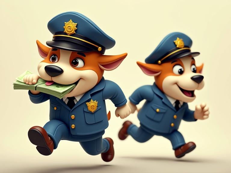 Two cartoonish dogs in police uniforms. One holds cash in his teeth while running. The other dog is slightly behind but running too.
