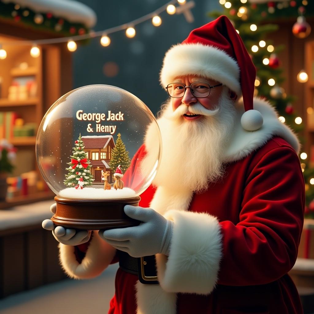 Christmas scene features Santa Claus in red and white suit holding a snow globe. Snow globe contains the name ‘George, Jack & Henry'. Background shows a toy shop with festive decorations and glowing lights.