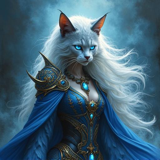 Oil portrait of a khajiit warrior mage. Emerging from mist. Cat-like adornments gleam. Glowing fur and skin contrast with flowing white hair. Intricate steampunk robe with azure crystals. Arcane runes swirl around her. Scene contains magic. Dynamic composition with intricate details. Dark blues, gold, and black.