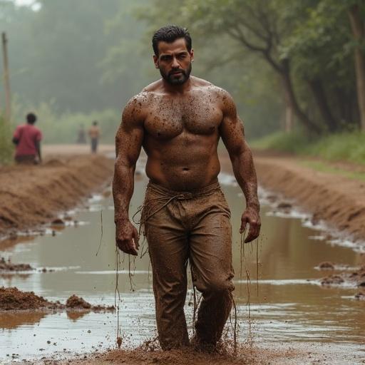 Muscular man standing in a muddy puddle outdoors. Background has trees and a dirt path. The scene has a natural, earthy feel.