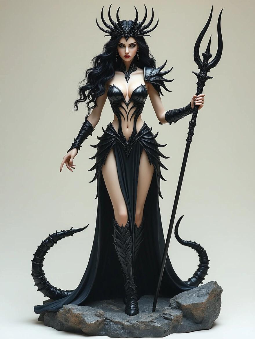 Resin sculpture depicts a goddess inspired by Scorpio. She has light skin and long black hair. Her crown is made of spikes. She wears scorpion-style armor. The armor features sharp details and shoulder pads that look like pincers. A long cape resembles a scorpion tail. She holds a spear. The pose conveys power.