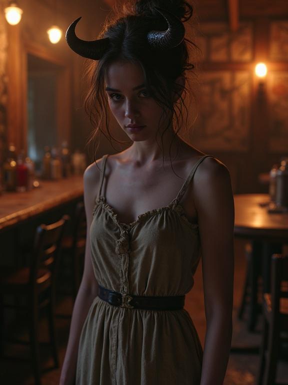Photorealistic image of a young woman with messy brown hair and violet skin. Dark red eyes and a pair of small horns on her forehead. Wearing a simple worn tavern dress. Standing barefoot in a dimly lit tavern, looking down. Full body shot with depth of field effect.