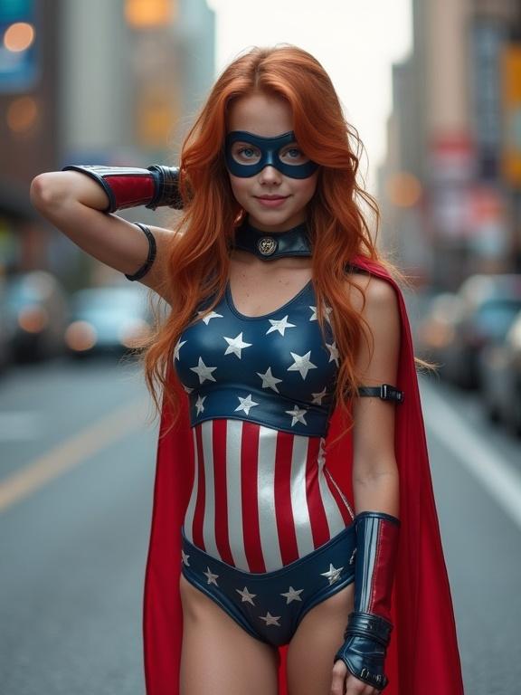 Photorealistic image of a cute teenaged girl in an American flag themed leather leotard costume. She has long auburn hair, pale skin, freckles, and deep blue eyes. The girl poses with one arm behind her head. She wears a cape and mask with bracers and knee boots. The background features streets of a modern city. Zoomed out full body shot.