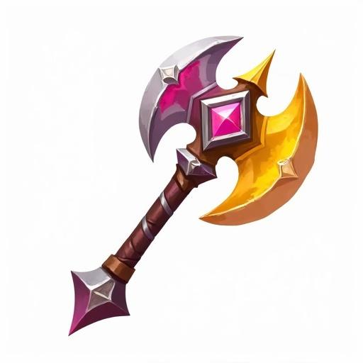 Icon of a legendary axe featuring yellow and pink colors styled like World of Warcraft. Icon of a magic shield for a card game. Icon of a royal shield designed for a card game. Paint style is used with a transparent background.