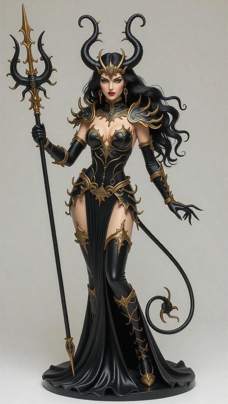 Resin sculpture represents a devilish goddess resembling Scorpio. Body is slender with fair skin. Hair is long and wavy black. Crown is sharp and stinger-shaped. Armor is black with gold, featuring scorpion motifs. One hand holds a scorpion-like spear. Other hand shows a gesture of magical aggression. Background is a rocky base with a dark atmosphere. Design aligns with Zodiac Queens: elegant and lethal.