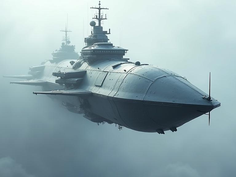 Cinematic military sci-fi airship flying in a white and blue atmosphere. The airship appears sleek and flat-shaped with a hard, scratchy metallic texture. Emphasis on realism with detailed shadows and textures. 4k resolution.