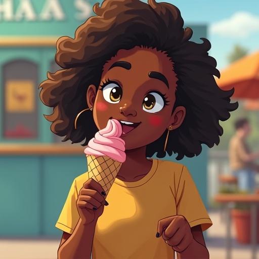 A young girl with curly hair is enjoying ice cream in a summer setting. She wears a yellow t-shirt and holds a pink ice cream cone. The background features a casual eating environment with a cheerful atmosphere.