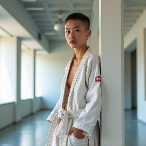 Young woman in a bright dojo. She has an undercut hairstyle. Leaning on a wall with a casual and confident pose. Wearing a worn karate gi revealing toned abs. She wears a neutral expression with a slight smile. The scene is lit by natural light. The image is high detail and imitates a DSLR fashion photo look.