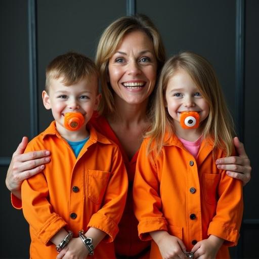 A playful mother poses with her two children. The children wear orange jail jumpsuits and handcuffs. All three have oversized pacifiers in their mouths.