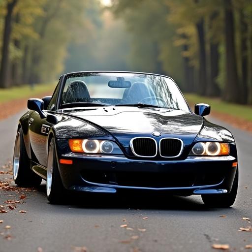 BMW Z3 M Roadster from 1997 parked on a road surrounded by trees. The car has a sleek design with a convertible top. Soft light accentuates the contours of the vehicle.
