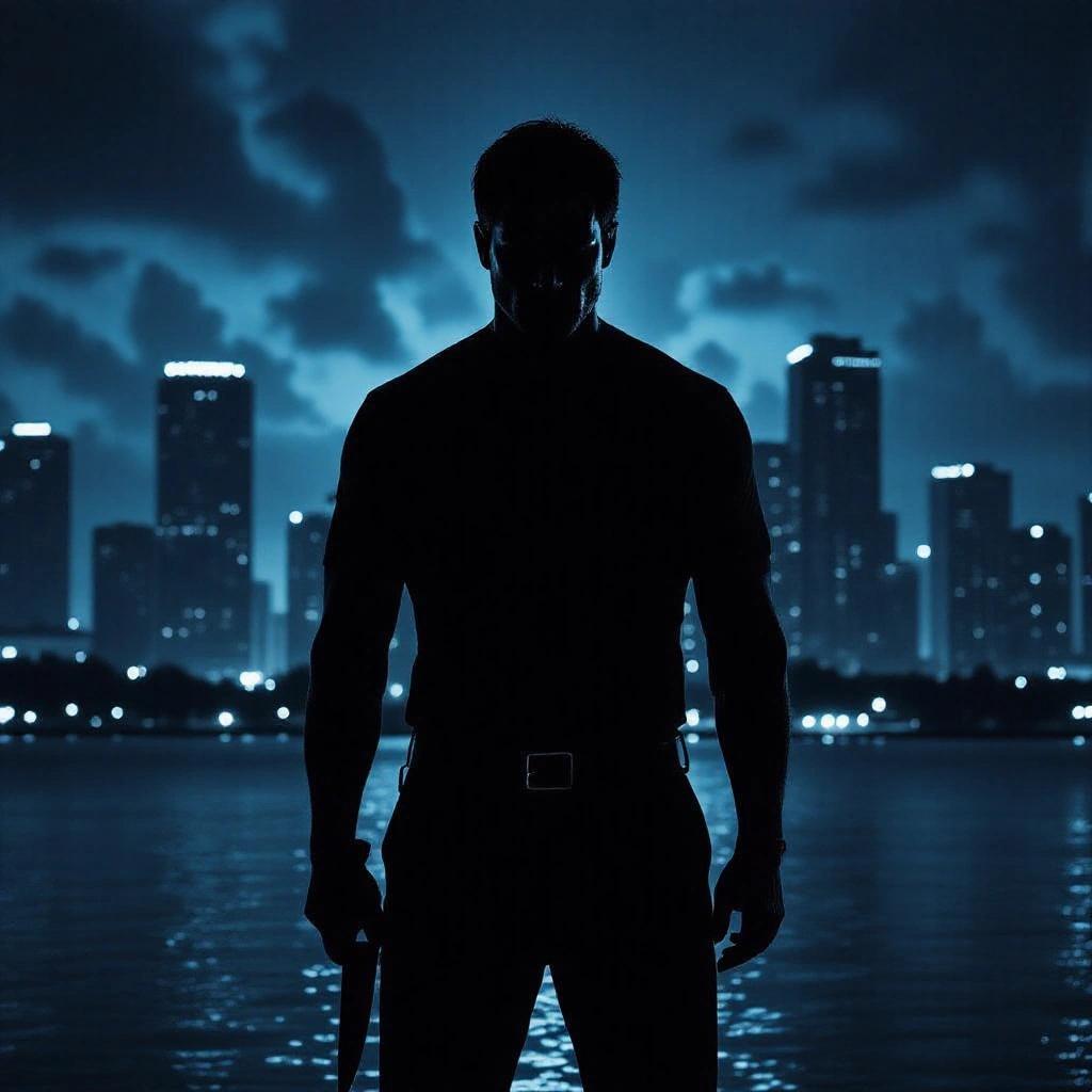 Dark Miami cityscape as an album cover. Silhouette of a person holding a knife creates a murderous vibe. Evokes a Dexter-like atmosphere.