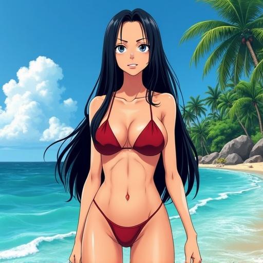 Anime illustration of a confident pirate queen in a bikini. She has long black hair and stands on a tropical beach. Palm trees and ocean waves are in the background. Bright colors and smooth gradients create a lively scene.