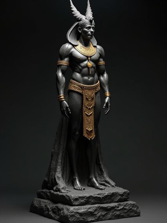 Sculpture of an Egyptian god posing nude wears a gold necklace stands on black lava base. Artwork features a mysterious atmosphere gritty texture fantasy art style.
