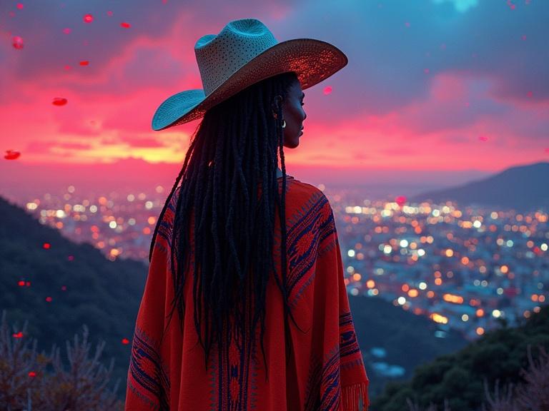 Melancholic scene featuring a Caribbean woman with dreadlocks in a vivid poncho and a stylized cowboy hat. Tropical city glows with neon lights in the distance. Red particles in the sky resemble rusty rain. Horizon displays unusual glitching rainbow patterns. Environment has chaotic energy and shimmering error codes. Abstract tech aesthetics and digital decay are present, combining hope with strangeness.