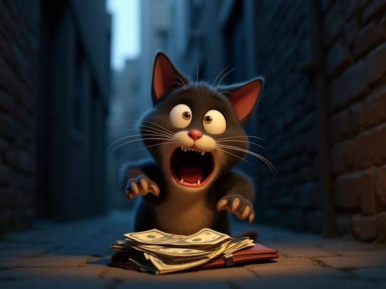 A stray cat discovers a wallet full of cash in a dark alley. The cat shows a surprised expression. The scene is in Pixar 3D style. The wallet is backlit softly, illuminating the cash inside. The alley is dimly lit with bricks surrounding the area.